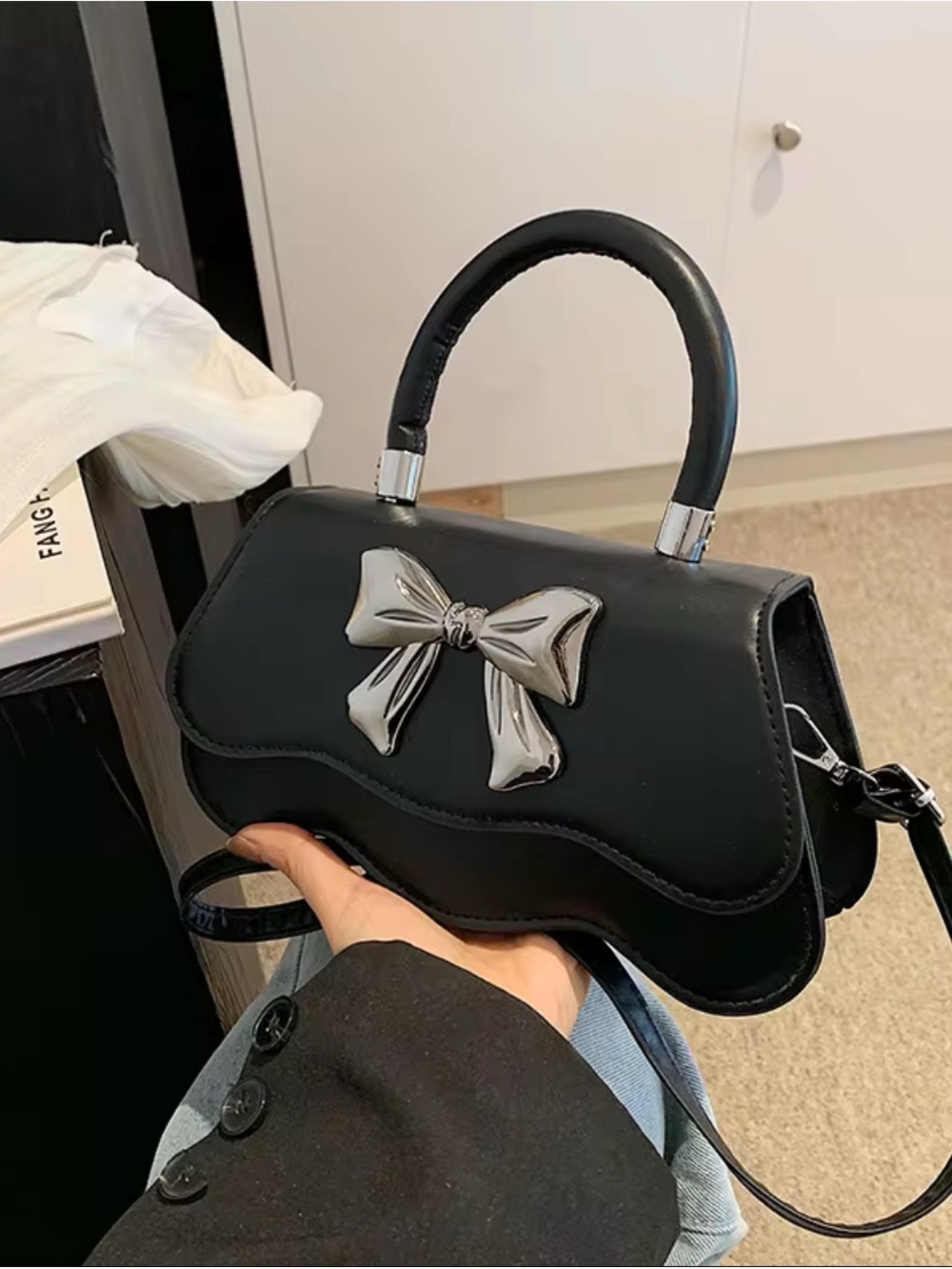 Black Mini Top-Handle Bag with Silver Bow Accent